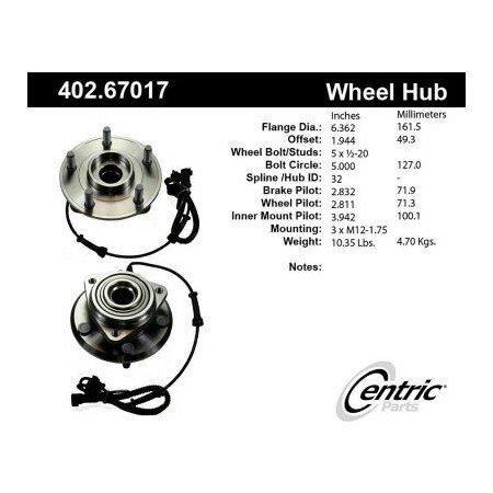 Centric C-Tek Standard Hub and Bearing Assembly; With Integral ABS, C-Tek 402.67017E